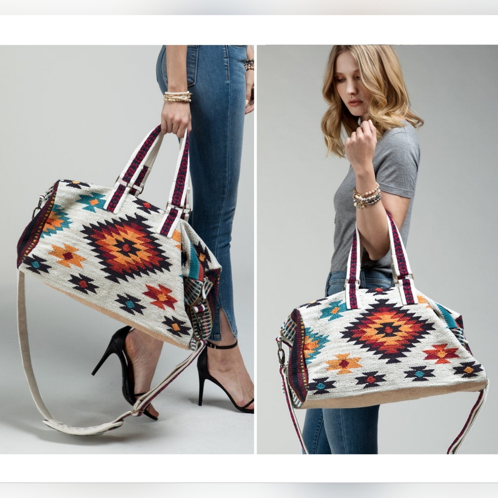 Ivory Boho Chic Travel Bag - Navajo Inspired Design - Handmade Fully Fine Cotton - Picture 12 of 13